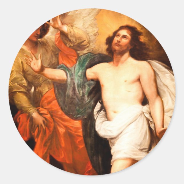 Pegatina Redonda Jesús resucitado con Ángel (Anverso)