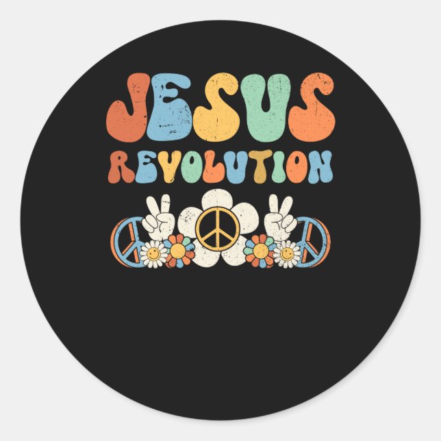 Pegatina Redonda Jesús Revolution Faith Retro Groovy Flower Peace S (Anverso)