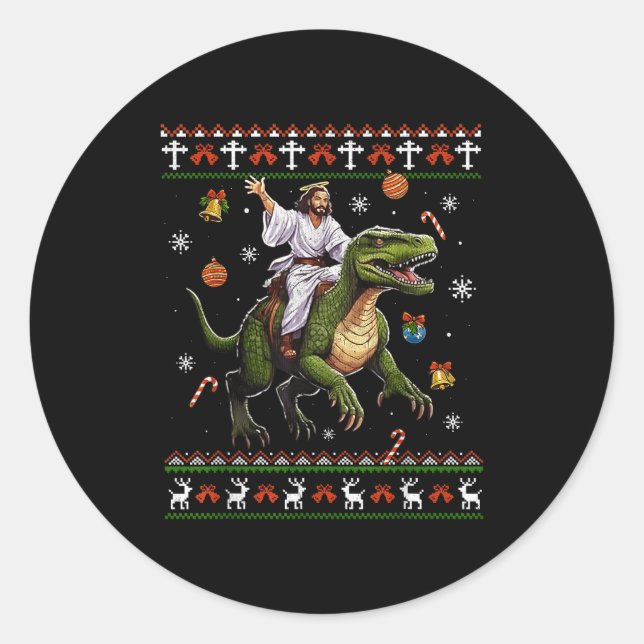 Pegatina Redonda Jesus Riding Dinosaur Funny Meme Ugly Christmas Sw (Anverso)