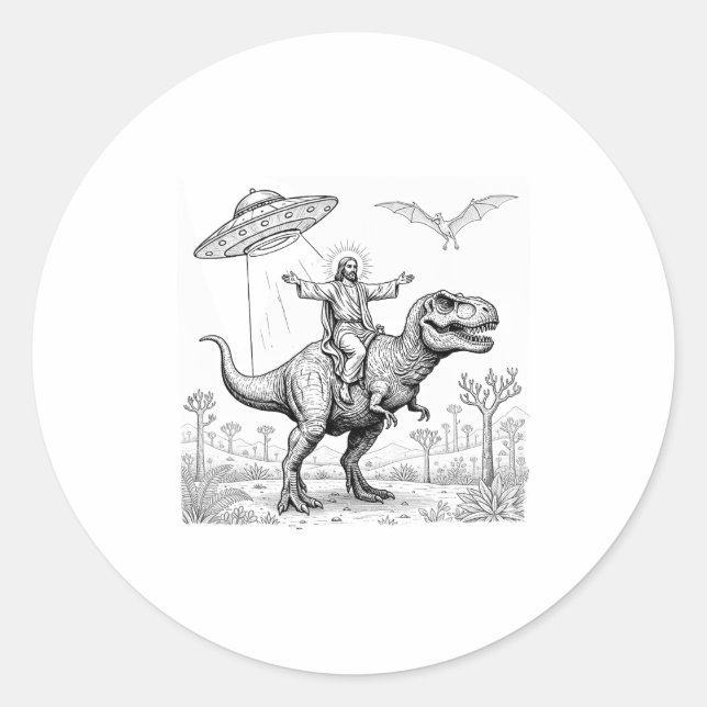 Pegatina Redonda Jesus Riding Dinosaur T-rex Ufo Hunting Alien Sci- (Anverso)