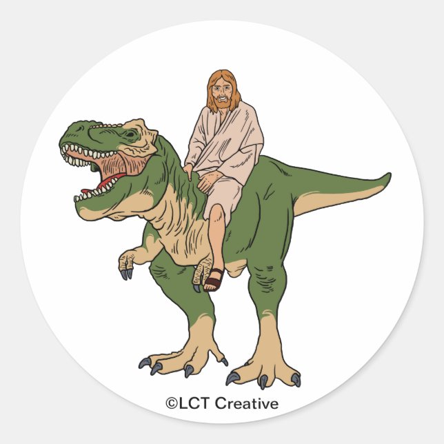 Pegatina Redonda Jesus Riding T-Rex (Anverso)