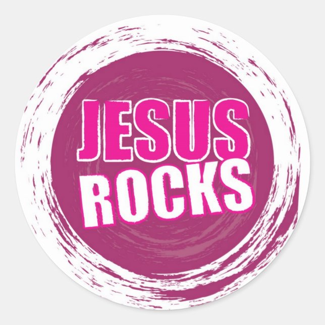 Pegatina Redonda Jesus Rocks 1 rosa (Anverso)
