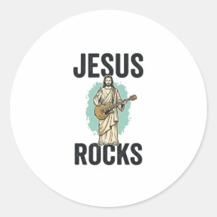 Pegatina Redonda Jesús Rocks Guitar Grabado Cristiano Vintage Des