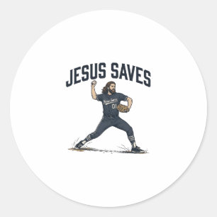 Pegatina Redonda Jesús salva al lanzador de béisbol Camiseta de gra