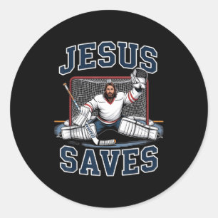 Pegatina Redonda Jesús salva equipo de jugador de hockey Dios amant