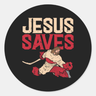 Pegatina Redonda Jesús salva portero de hockey sobre hielo deporte