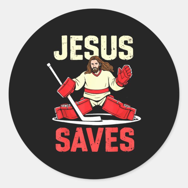 Pegatina Redonda Jesus Saves Ice Hockey Goalie Player Christian Fun (Anverso)