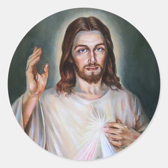 Pegatina Redonda Jesús Se Levantó La Mano En Bendición (Anverso)