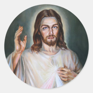 Pegatina Redonda Jesús Se Levantó La Mano En Bendición