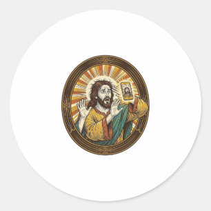Pegatina Redonda Jesús Selfie Accidental de Cámara Frontal Doble Ba
