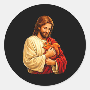 Pegatina Redonda Jesús sosteniendo ardilla cristiano