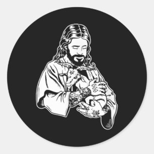 Pegatina Redonda Jesús sosteniendo cabra Baphomet oculto tatuaje sa