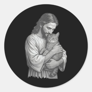 Pegatina Redonda Jesús sujetando al gato