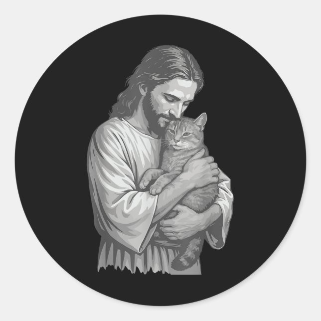 Pegatina Redonda Jesús sujetando al gato (Anverso)