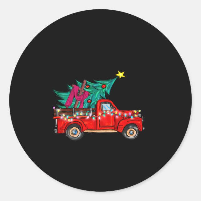 Pegatina Redonda Jesus Take The Wheel Red Truck Christmas Tree Chri (Anverso)
