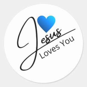 Pegatina Redonda Jesús te ama Black Script Blue Heart