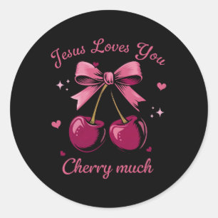 Pegatina Redonda Jesús Te Ama Mucho Cereza Coqueta Lazo Cristiano