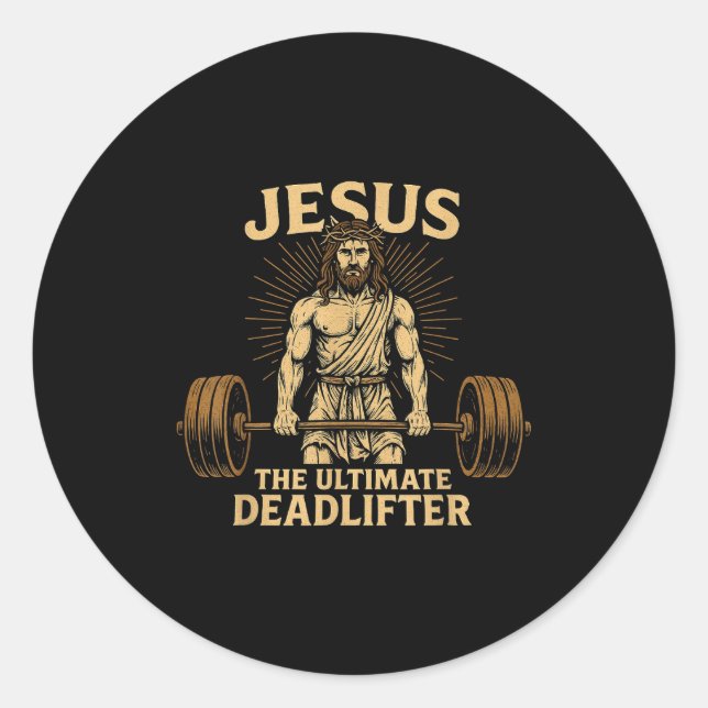 Pegatina Redonda Jesus The Deadlifter Christian Fitness  (Anverso)
