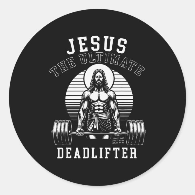 Pegatina Redonda Jesus The Deadlifter - Jesus Deadlifting Christian (Anverso)