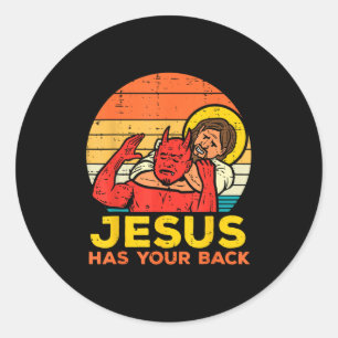 Pegatina Redonda Jesús Tiene La Espalda - Escaramuza Retro De Jesús