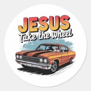 Pegatina Redonda Jesús toma la rueda del vehículo