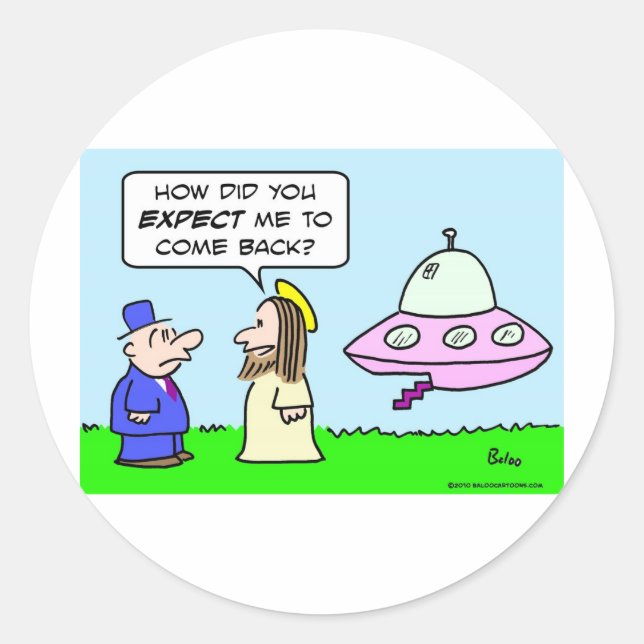 Pegatina Redonda jesus volador saucer espera volver (Anverso)