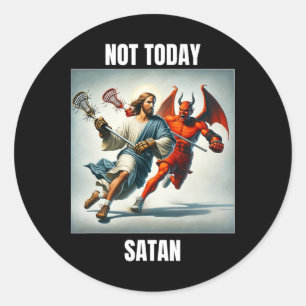 Pegatina Redonda Jesús Vs Satan Tocando Lacrosse - No Hoy Satanás