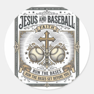 Pegatina Redonda Jesús y béisbol vintage cristiano