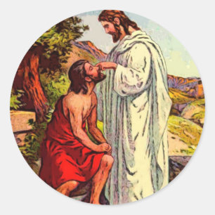 Pegatina Redonda Jesús y el hombre ciego