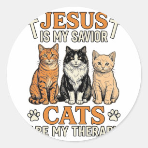 Pegatina Redonda Jesús y los gatos son mi terapia camiseta vintage 