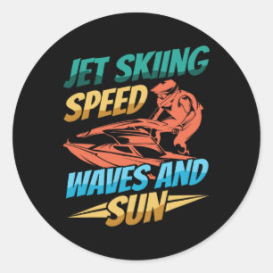 Pegatina Redonda Jet Skiing olas de velocidad y Jet Ski al sol