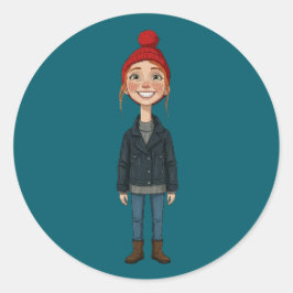 Pegatina Redonda Jeune Fille Rousse Souriante avec Bonnet Rouge et 