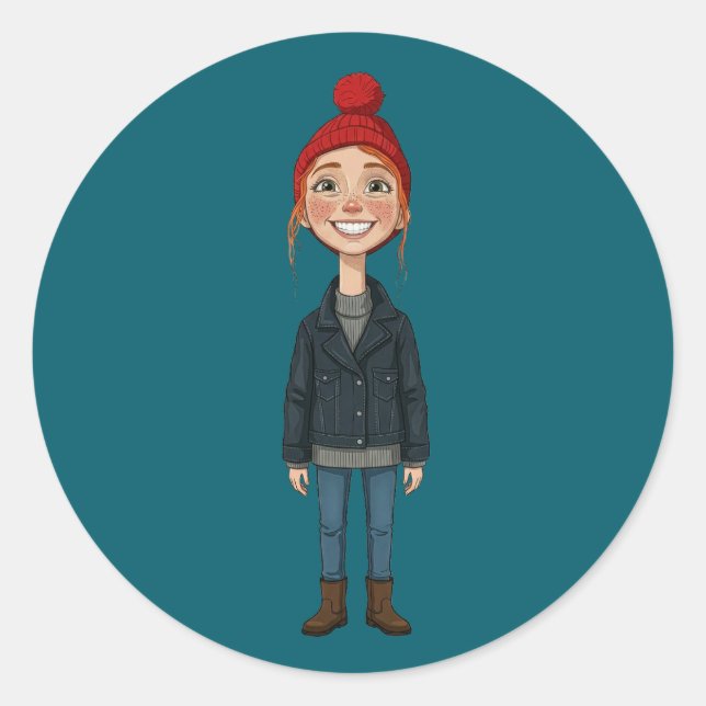 Pegatina Redonda Jeune Fille Rousse Souriante avec Bonnet Rouge et  (Anverso)