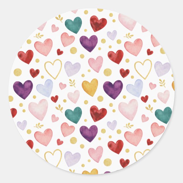 Pegatina Redonda Jewel-Toned Watercolor Hearts & Gold Botanical  (Anverso)