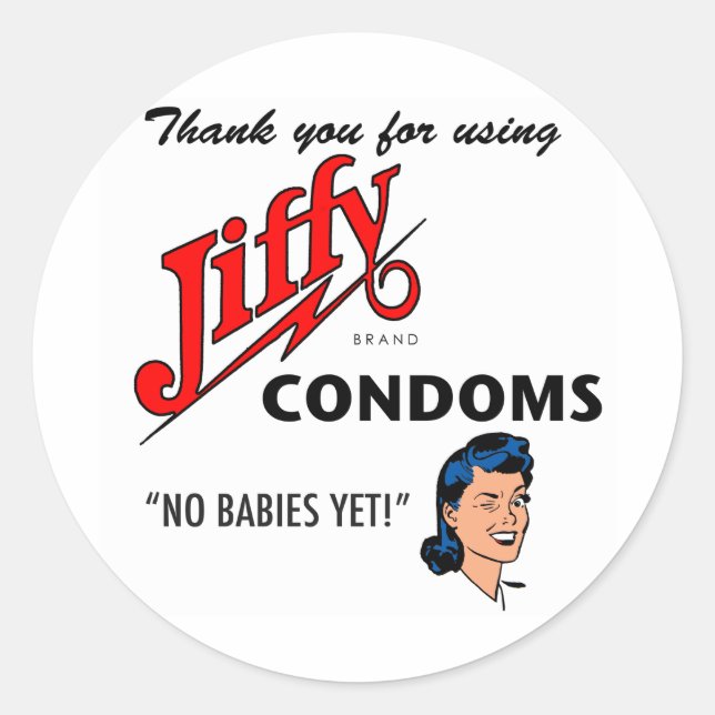 Pegatina Redonda ¡Jiffy Brand Condom Gear! (Anverso)