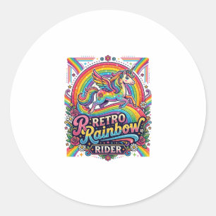 Pegatina Redonda Jinete de Arcoíris Retro Unicornio