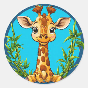 Pegatina Redonda Jirafa de dibujos animados adorable con bambú