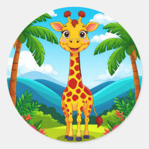 Pegatina Redonda Jirafa de Dibujos Animados Adorable en un Paisaje 