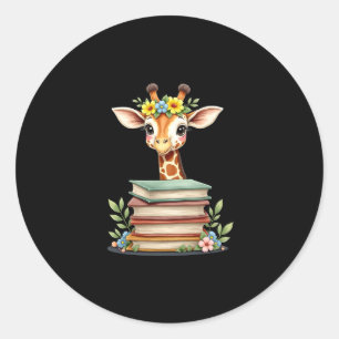 Pegatina Redonda Jirafa Linda Con Libro Floral Bookworm Bibliotecar