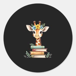 Pegatina Redonda Jirafa Linda Con Libro Floral Bookworm Bibliotecar