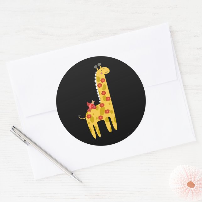Pegatina Redonda Jirafa y flores de pájaro lindos Amarillo Rojo sob (Sobre)