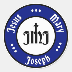 Pegatina Redonda JMJ: Jesús, María, Logo de Joseph (Azul)