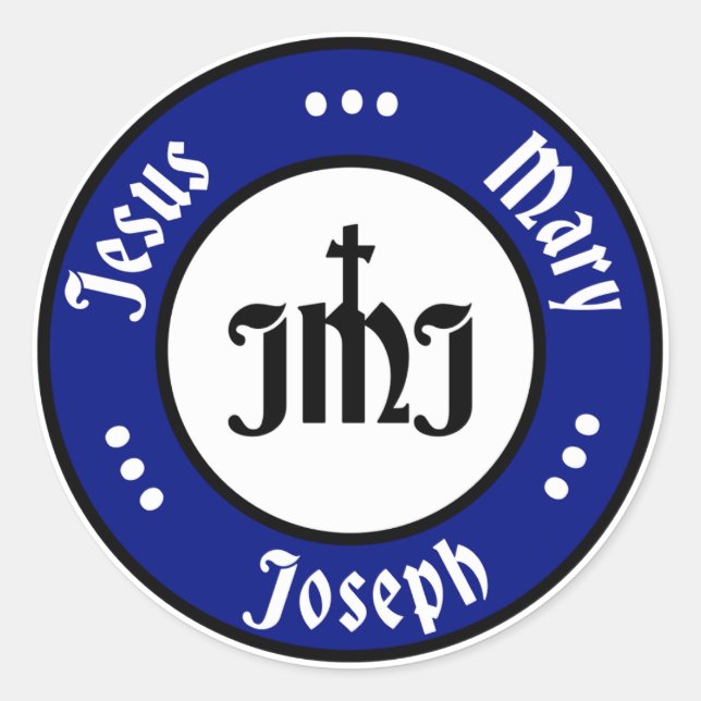 Pegatina Redonda JMJ: Jesús, María, Logo de Joseph (Azul) (Anverso)