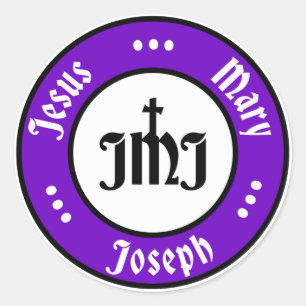 Pegatina Redonda JMJ: Jesús, María, Logo de Joseph (Púrpura)