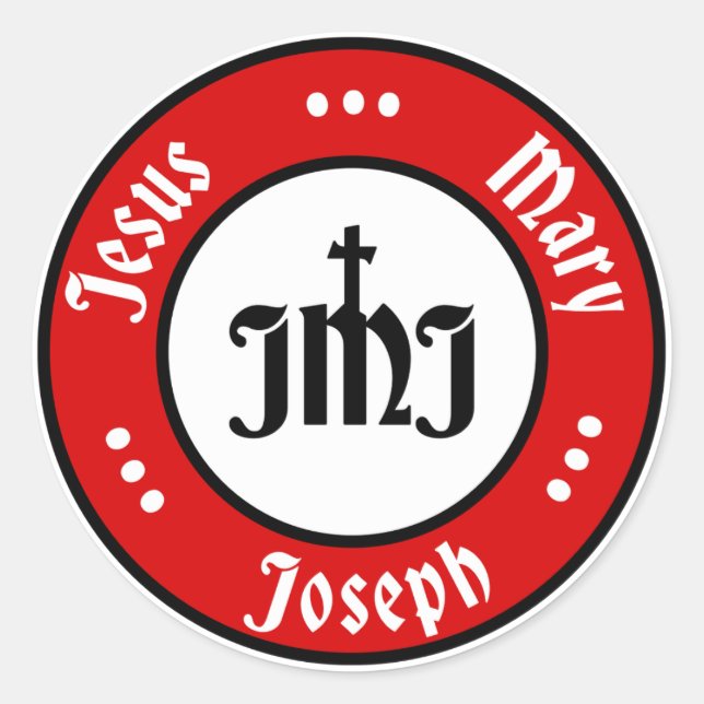 Pegatina Redonda JMJ: Jesús, María, Logo de Joseph (Rojo) (Anverso)