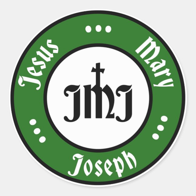 Pegatina Redonda JMJ: Jesús, María, Logo de Joseph (Verde) (Anverso)