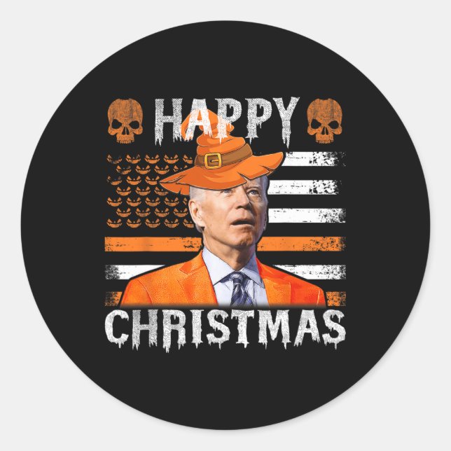 Pegatina Redonda Joe Biden Happy Halloween Navidades felices bander (Anverso)