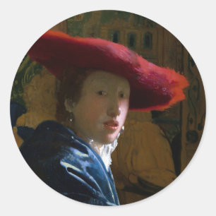 Pegatina Redonda Johannes Vermeer - Chica con un Gorra rojo