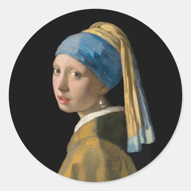 Pegatina Redonda Johannes Vermeer, Chica de Pearl Earring (Anverso)