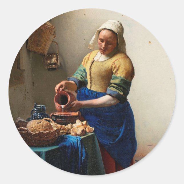 Pegatina Redonda Johannes Vermeer. Sirena de leche. Arte fino vinta (Anverso)